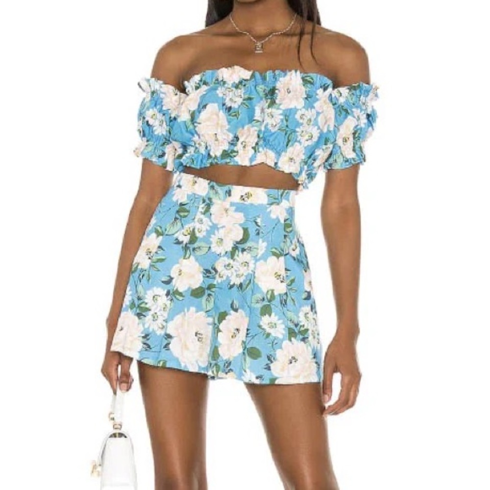 Revolve Yumi Kim Blue Floral off the shoulder short skirt set